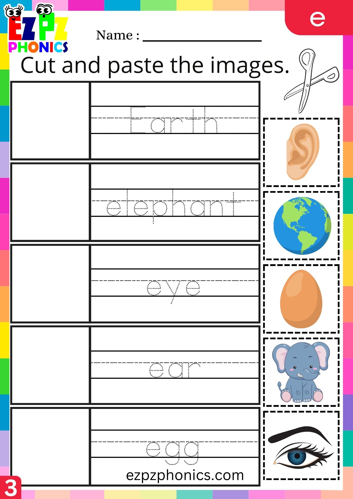 Letter e Cut and Paste the Images Phonics Activity Group 3